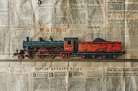 Toy steam train ephemera border text locomotive newspaper.