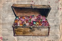 Treasure chest overflowing with gems ephemera border paper box transportation.