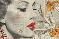 Woman lipstick face ephemera border collage newspaper drawing.