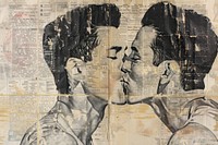 Gay men kissing ephemera border newspaper collage painting.