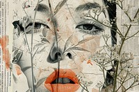 Woman lipstick face ephemera border collage portrait drawing.