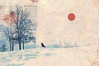 Snowy winter scene ephemera border drawing paper sunlight.