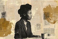 Black businesswoman meeting ephemera border newspaper portrait drawing.