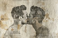 Gay men kissing ephemera border newspaper painting drawing.