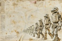 Robots walking ephemera border backgrounds architecture military.