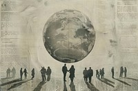 People holding hands around earth globe ephemera border space newspaper drawing.
