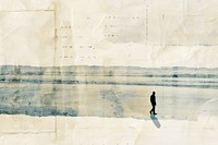 Person alone walking beach ephemera border backgrounds drawing paper.