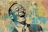 Vintage man suit face laughing ephemera border collage newspaper portrait.