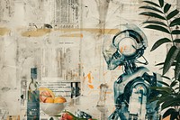 Robots having a dinner party ephemera border backgrounds painting collage.