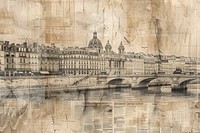 Paris ephemera border painting drawing bridge.