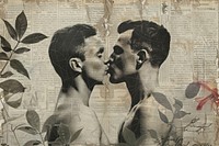 Gay men kissing ephemera border portrait drawing collage.