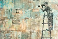 Vintage man binoculars ladder ephemera border backgrounds drawing collage.