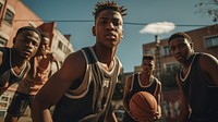 Group of black friends basketball playing basketball sports.