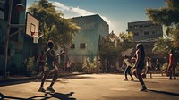 Group of black friends basketball playing basketball clothing.