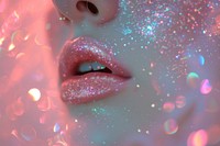 Lipstic put on woman mouth glitter pink underwater.