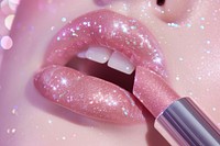Lipstick put on woman mouth glitter cosmetics pink.