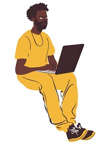 Black man with laptop person electronics accessories.