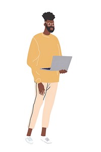 Black man with laptop person electronics clothing.