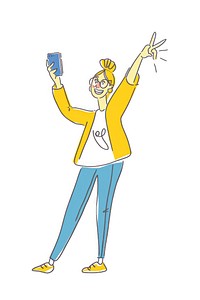 Smiling taking selfie with phone and making peace gesture sign cartoon person electronics.