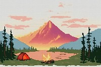 Cross stitch camping outdoors mountain scenery.