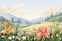 Cross stitch spring flowers embroidery landscape graphics.