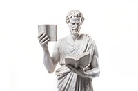 Greek sculpture holding book statue publication document.