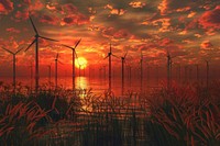 Wind Turbines sunset landscape outdoors.