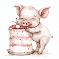 Pig hugging big cake animal dessert mammal.