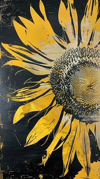 Silkscreen on paper of a sunflower painting dinosaur blossom.
