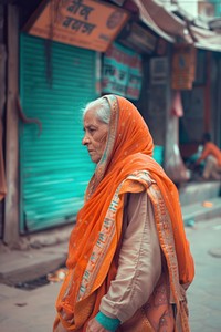 Old Indian woman wearing streetwear clothes adult architecture homelessness.