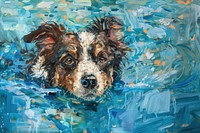 Dog swimming in pool painting person animal.