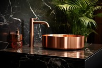 Shiny copper stainless steel wash basin cosmetics cookware perfume.