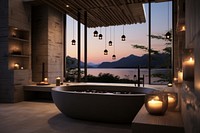 Japandi style bathroom interior lighting bathing bathtub.