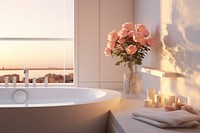 Bathroom interior in a luxury house windowsill bathing blossom.