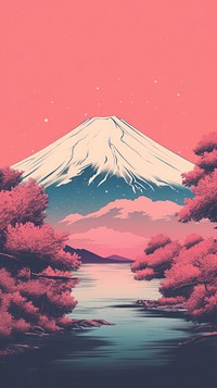 Fuji with Risograph style landscape outdoors nature.