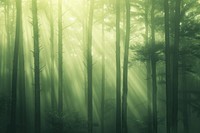 Photo of forest with tall trees green mist vegetation.