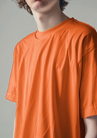 man in orange t-shirt