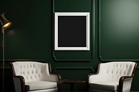 Blank white frame mockup blackboard furniture armchair.