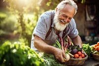 A senior man picking up fresh vegetable gardening outdoors produce.