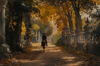 Man riding a horse in a beautiful garden outdoors painting cycling.