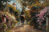 Man riding a horse in a beautiful garden painting art mammal.