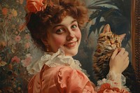 Happy woman holding a cat painting art portrait.