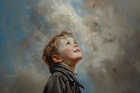 Little happy boy looking up painting portrait art.