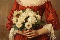 Woman holding a bouquet of white roses painting art pattern.