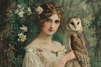Woman with an owl painting art portrait.
