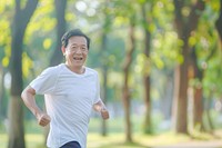 Healthy elder asian man running jogging adult.