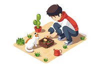 Kid playing with a cat gardening houseplant creativity.