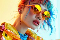 Models with colorful hair bright and bold clothing sunglasses portrait.