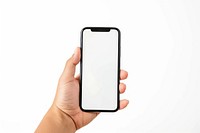 Hand holding smartphone screen white background photographing.
