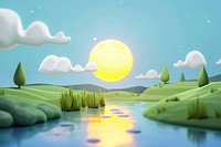 Cute moon reflecting river fantasy background landscape outdoors cartoon.